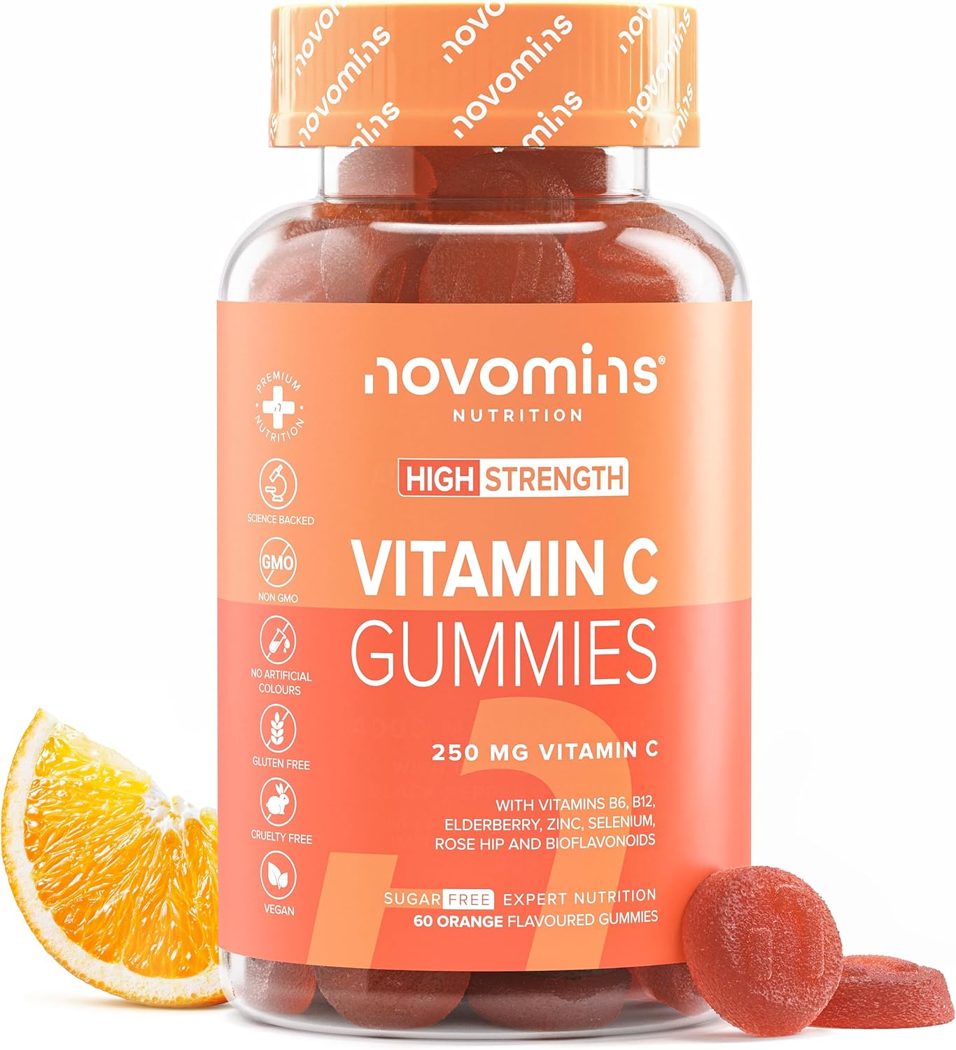 250Mg High Strength Vitamin C Gummies - 1 Month Supply - Zinc, Bioflavonoids, Rose Hip & Elderberry For Immune System Support - Alternative To Vitamin C Tablets - 60 Gummies - Novomins
