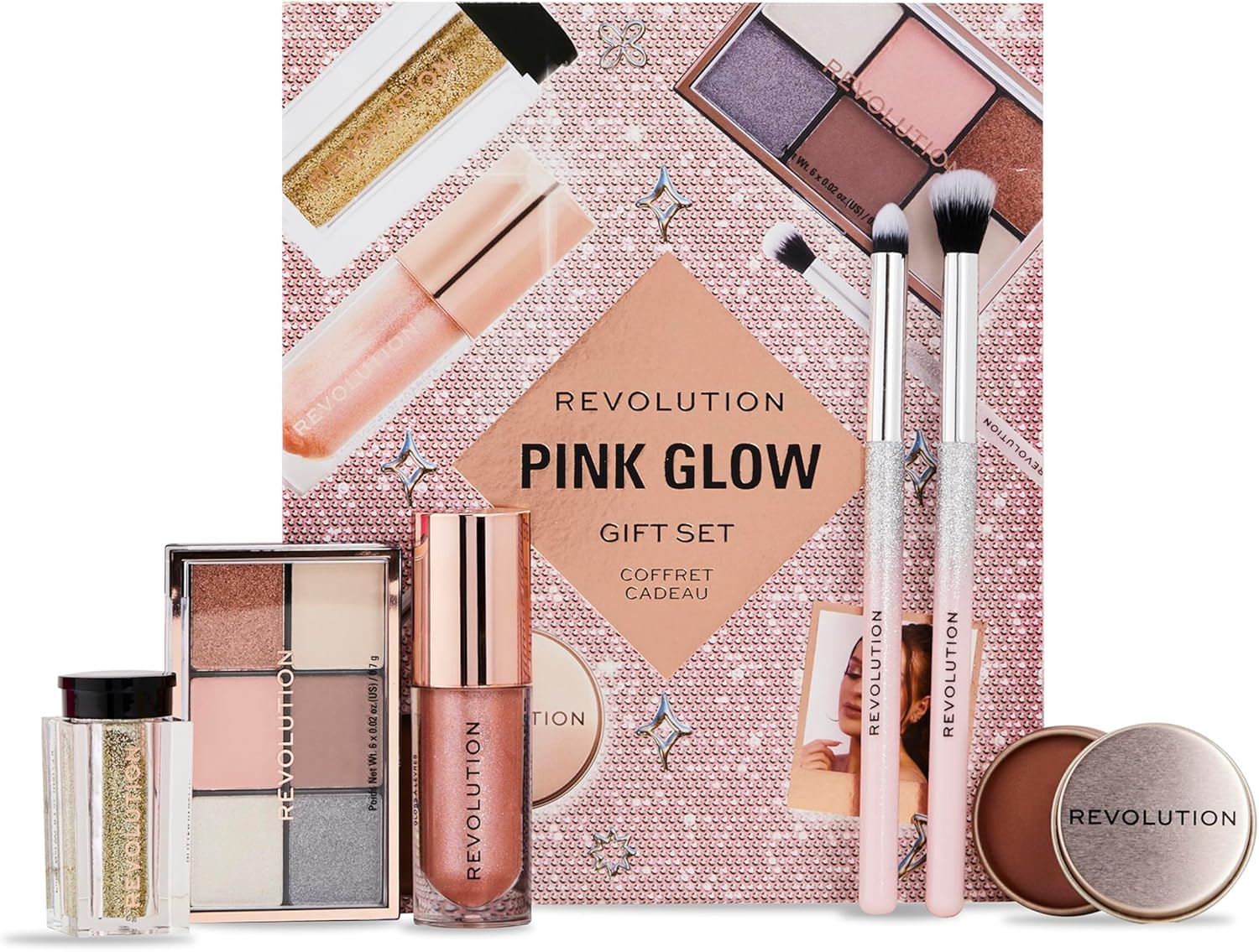 Revolution Beauty Pink Glow Get The Look Makeup Gift Set, 6-Piece Gift Set With Eye Brushes, Balm, Eyeshadow, Lip Shimmer, & Body Glitter, Cruelty-Free