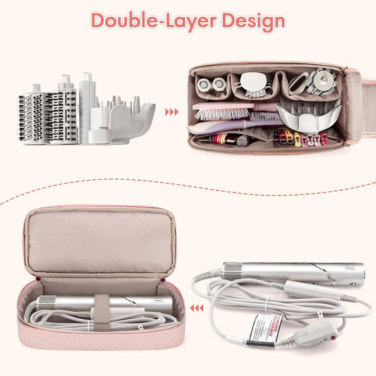 Teamoy Travel Carrying Case Compatible With Shark Flexstyle, Double-Layer Storage Bag For Shark Hyperair, Portable Travel Organizer For Dyson Airwrap Styler And Attachments, Pink Quilted