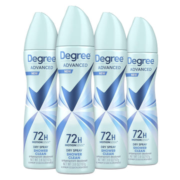 Degree Advanced Antiperspirant Deodorant Dry Spray 72-Hour Sweat And Odor Protection Shower Clean Deodorant Spray For Women With Motionsense Technology 3.8 Oz, Pack Of 4