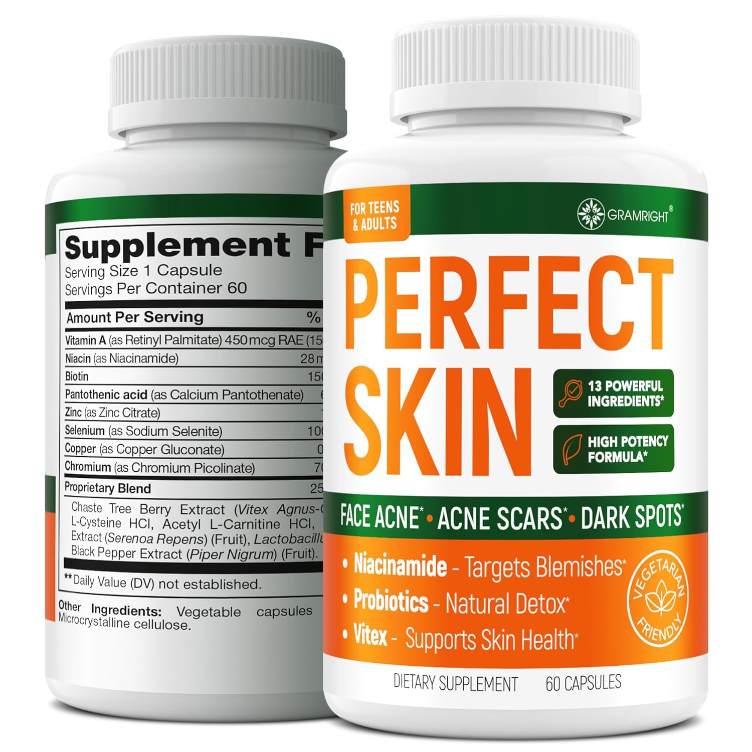 Perfect Skin Acne Capsules – Niacinamide, Biotin, Vitamin A & Probiotics For Teens & Adults – 13 Powerful Ingredients For Face Acne, Acne Scars & Dark Spots – 60 Vegan Capsules, Made In The Usa