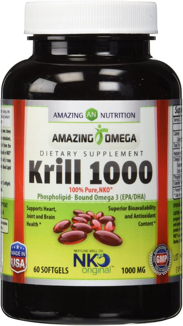 Amazing Omega Nko® Neptune Krill Oil 1000 Mg, 60 Softgels (Non-GMO, Gluten-Free) - Supports Heart, Joint & Brain Health and Superior bioavailability & antioxidant Content