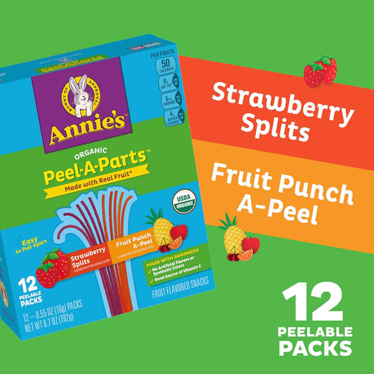 Annie'S Organic Fruit Peel-A-Parts Fruit Snacks, Strawberry And Fruit Punch, 12 Packs, 6.7 Oz