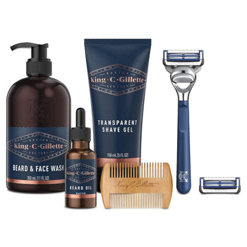 King C. Gillette Grooming Kit, 1 Razor With 2 Blade Refills,1 Oz Beard Oil, 11 Oz Beard Wash, 5 Oz Shave Gel, 1 Comb