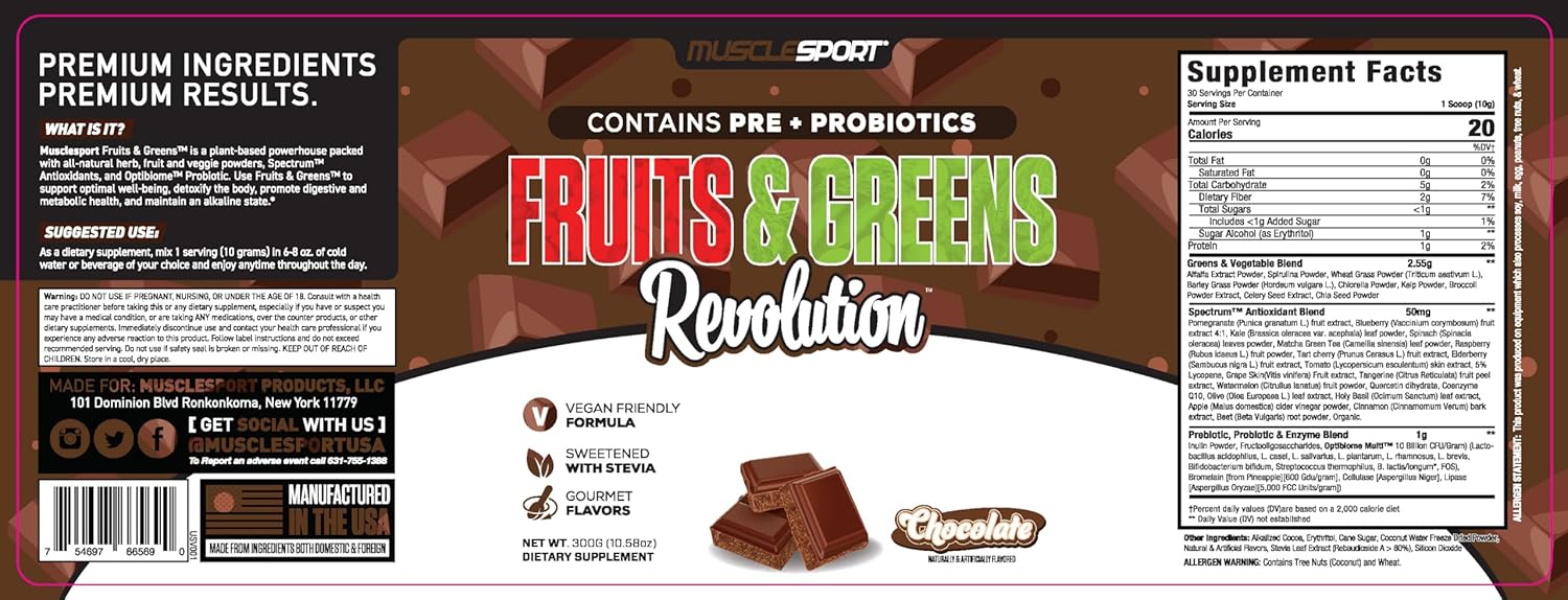 Musclesport Fruits & Greens - Fruit, Vegetable And Antioxidant Supplement, Including Wheat Grass And Spirulina, Added Fiber And Probiotics - 30 Servings (Chocolate) : Health & Household