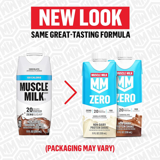 Muscle Milk Zero Protein Shake, Chocolate, 11 Fl Oz Carton, 12 Pack, 20G Protein, Zero Sugar, 100 Calories, Calcium, Vitamins A, C & D, 4G Fiber, Energizing Snack, Workout Recovery, Packaging May Vary,11 Fl Oz (Pack Of 12)