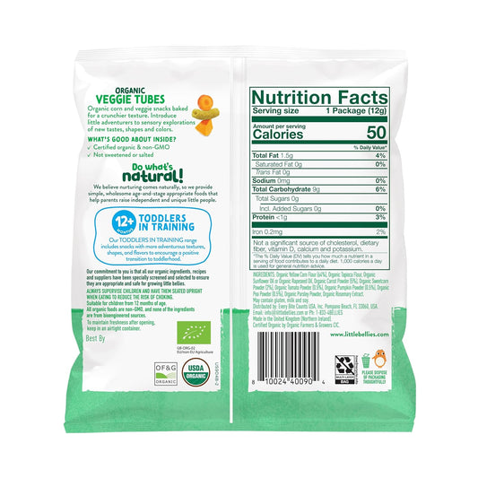 Little Bellies Organic Veggie Tubes Toddler Snack (Pack of 7 x 0.42 oz Individual Packs) : Baby