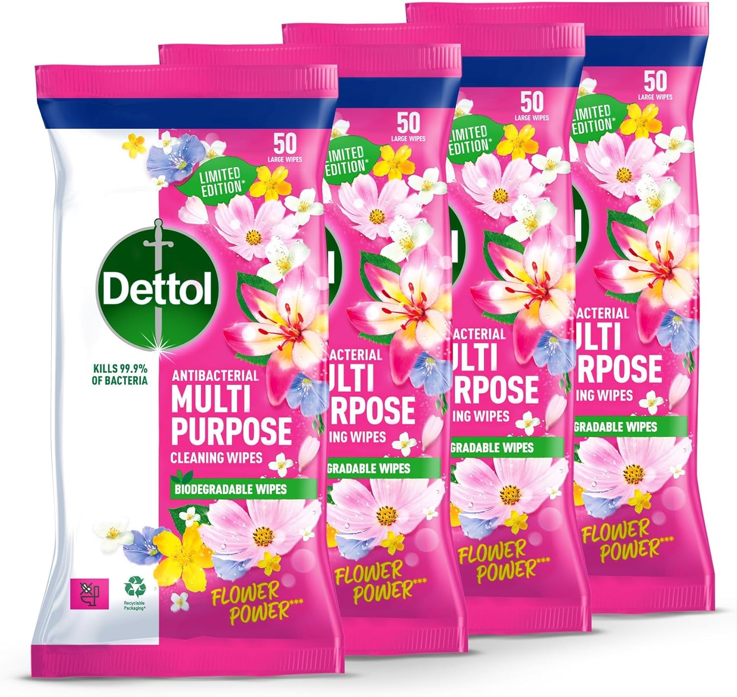 Dettol Flower Power Antibacterial Multipurpose Biodegradable Cleaning Wipes | Peony & Rose Fragrance | Limited Edition | 50S (Pack Of 8)