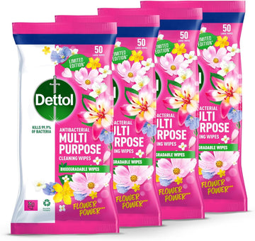 Dettol Flower Power Antibacterial Multipurpose Biodegradable Cleaning Wipes | Peony & Rose Fragrance | Limited Edition | 50S (Pack Of 8)