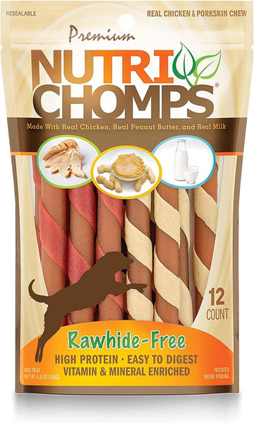 NutriChomps Dog Chews, 5-inch Twists, Easy to Digest, Rawhide-Free Dog Treats, 12 Count, Real Chicken, Peanut Butter and Milk flavors