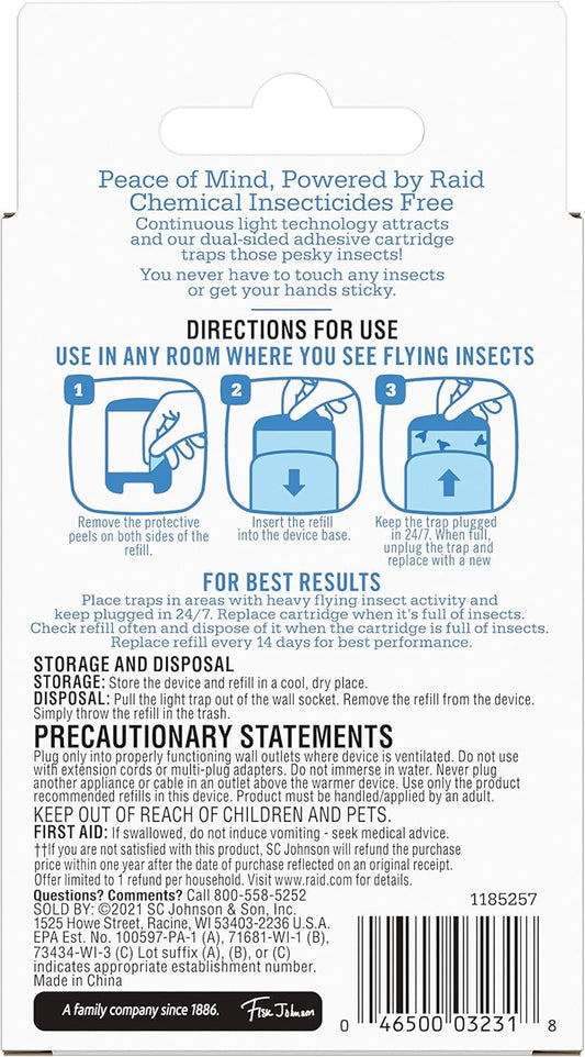 Raid Essentials Flying Insect Light Trap Refills, 2 Light Trap Refill Cartridges, Featuring Light Powered Attraction