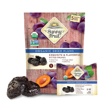 Sunny Fruit Soft Organic Prunes - 1 Bag (5 Individual Portion Packs) | Healthy, Convenient Dried Plums Snack Packs | Organic, Non-Gmo, Vegan, Halal, Kosher, No Preservatives, No Sugar Added