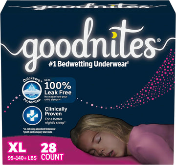 Goodnites Girls' Nighttime Bedwetting Underwear, Size Extra Large (95-140+ lbs), 28 Ct (2 Packs of 14), Packaging May Vary