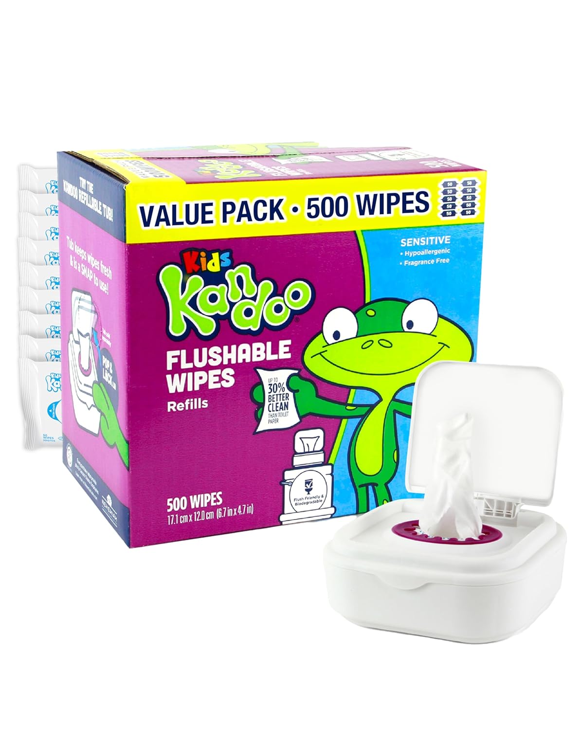 Flushable Wipes For Baby And Kids By Kandoo, Sensitve And Unscented Formula, Hypoallergenic Potty Training Wet Cleansing Cloths, 50 Count, 10 Pack + Tub