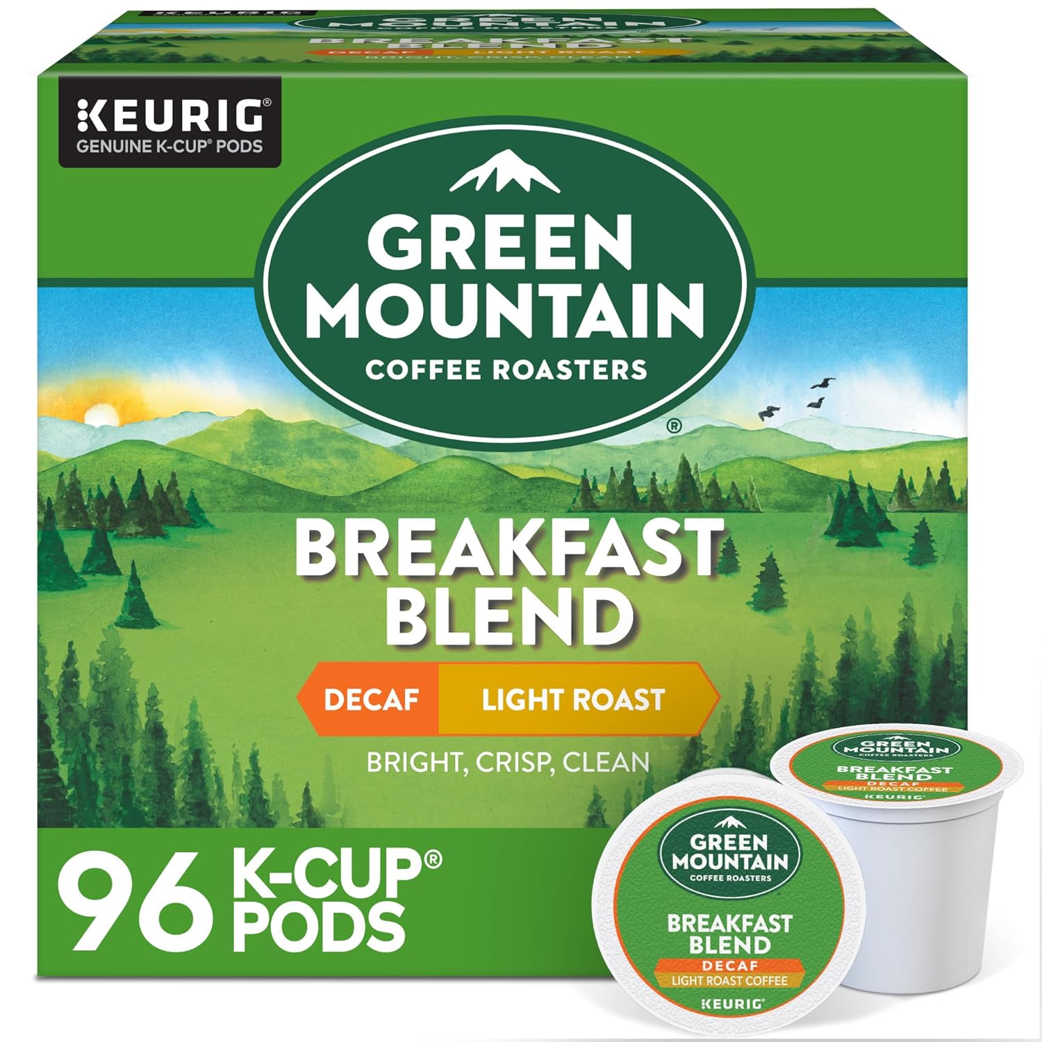 Green Mountain Coffee Roasters Breakfast Blend Decaf Coffee, Keurig Single Serve K-Cup pods, Light Roast, 96 Count (4 packs of 24)