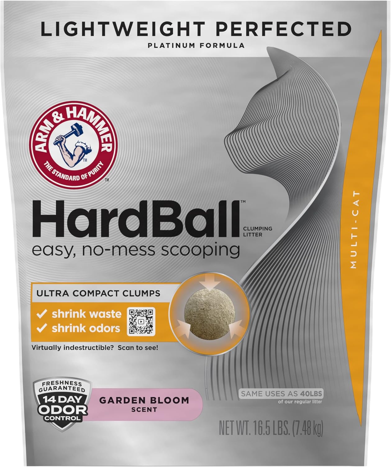 Arm & Hammer Hardball Lightweight Platinum Multi-Cat Easy, No-Mess Scooping, Clumping Cat Litter, 16.5Lb Bag, Garden Bloom Scent, Online Exclusive Formula