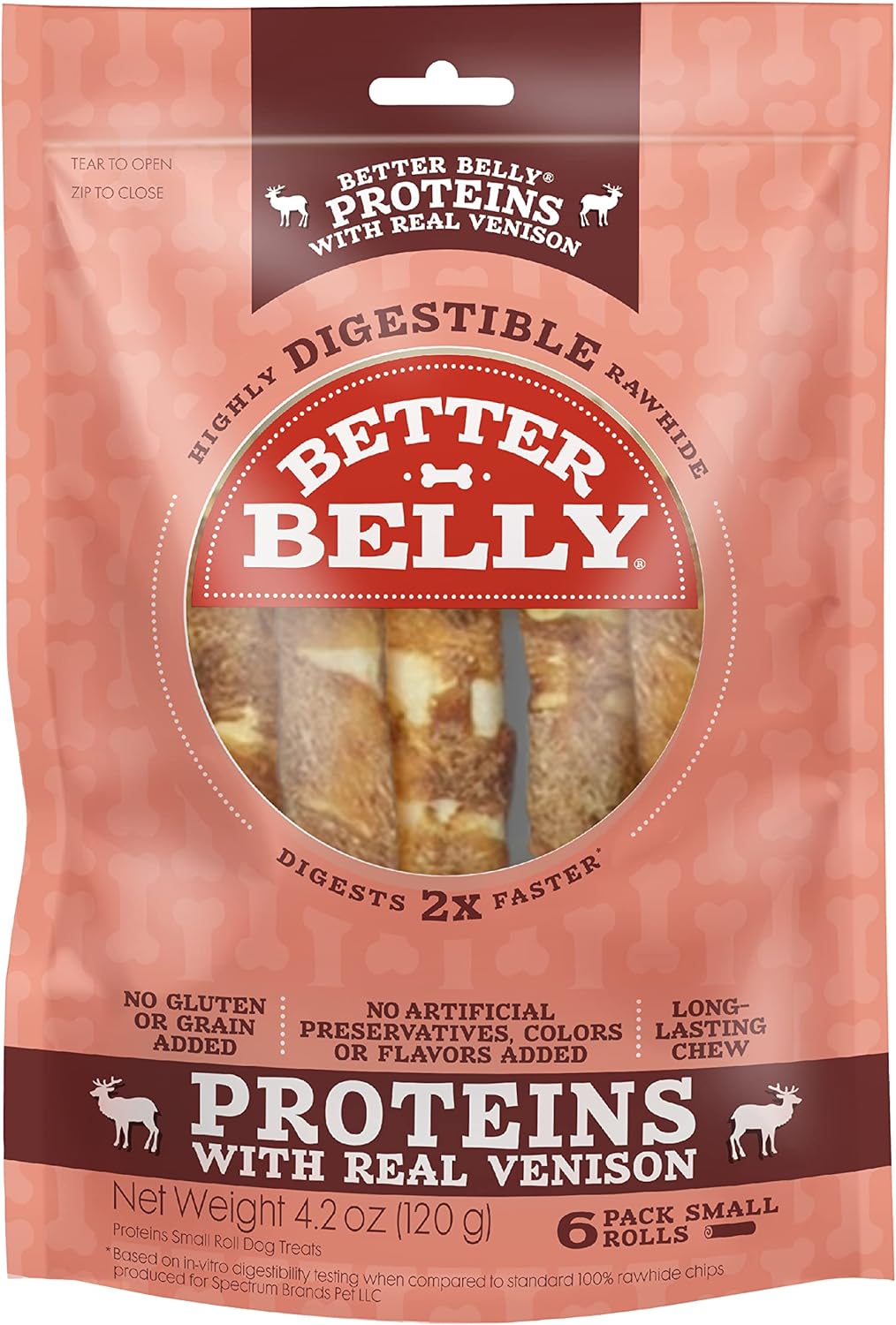 Better Belly Proteins with Real Venison Small Rolls 6 Count, Digestible Rawhide for Dogs, 4.2 OZ