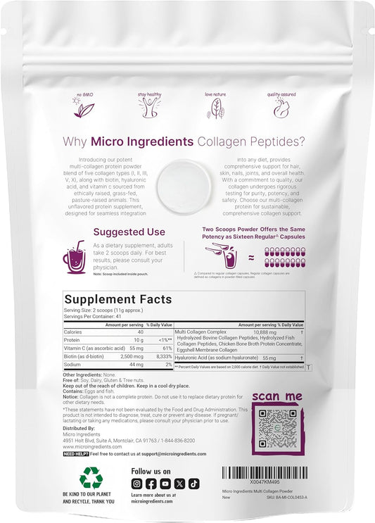 Multi Collagen Peptides Powder, 16 Oz - Hydrolyzed Protein Peptides | Type I,II,III,V,X with Hyaluronic Acid, Biotin & Vitamin C - Unflavored - Keto & Paleo Friendly, Ez Mix in Drinks