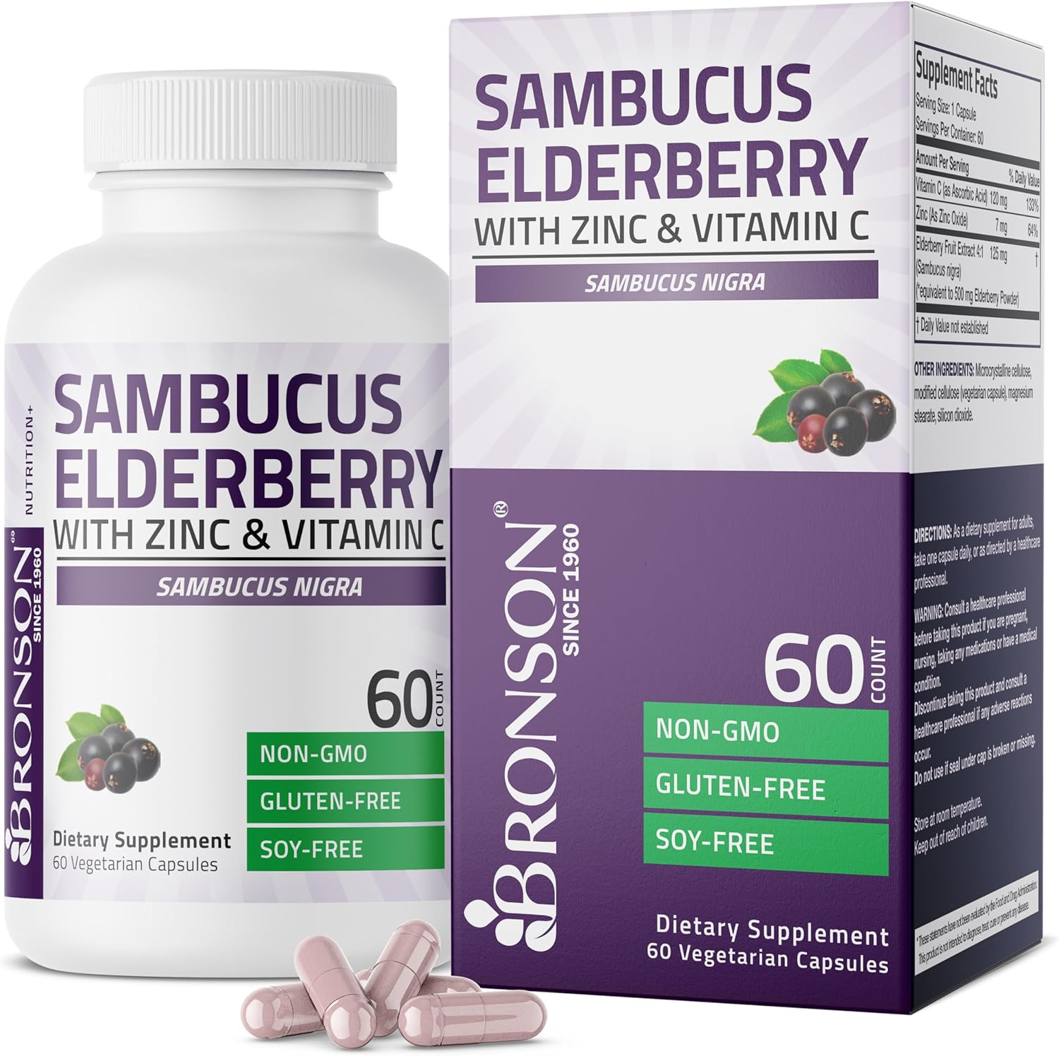 Bronson Sambucus Elderberry With Zinc & Vitamin C Triple Immune Support Complex Immune & Antioxidant Protection, Non-Gmo, 60 Vegetarian Capsules