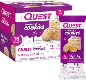 Quest Nutrition Frosted Cookies Twin Pack, Birthday Cake, 1g Sugar, 10g Protein, 2g Net Carbs, Gluten Free, 16 Cookies