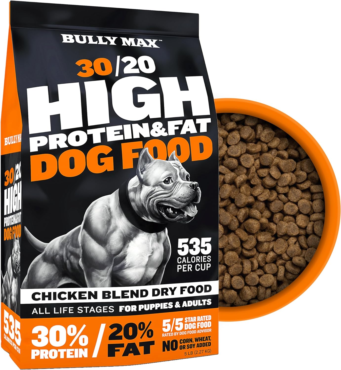 Bully Max High Performance Super Premium Dry Dog Food for All Ages - High Protein Puppy Food for Small & Large Breed Puppies and Adult Dogs (535 Calories Per Cup for Muscle & Weight Gain), 5 lb. Bag