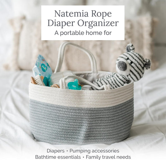 Natemia Baby Nappy Caddy Organiser - Large Portable Baby Caddy For Diapers And Wipes, Baby Basket For Newborn, Baby Storage Basket, Baby Baskets For Hampers, Gift Basket