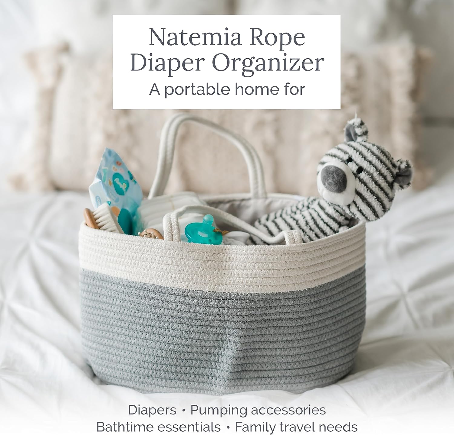 Natemia Large Rope Storage Basket And Cotton Rope Diaper Caddy - Nursery Bin And Toy Organizer Laundry Basket, Basket For Towels, Pillows And Blankets, Perfect Baby Registry Gift - Misty Rose
