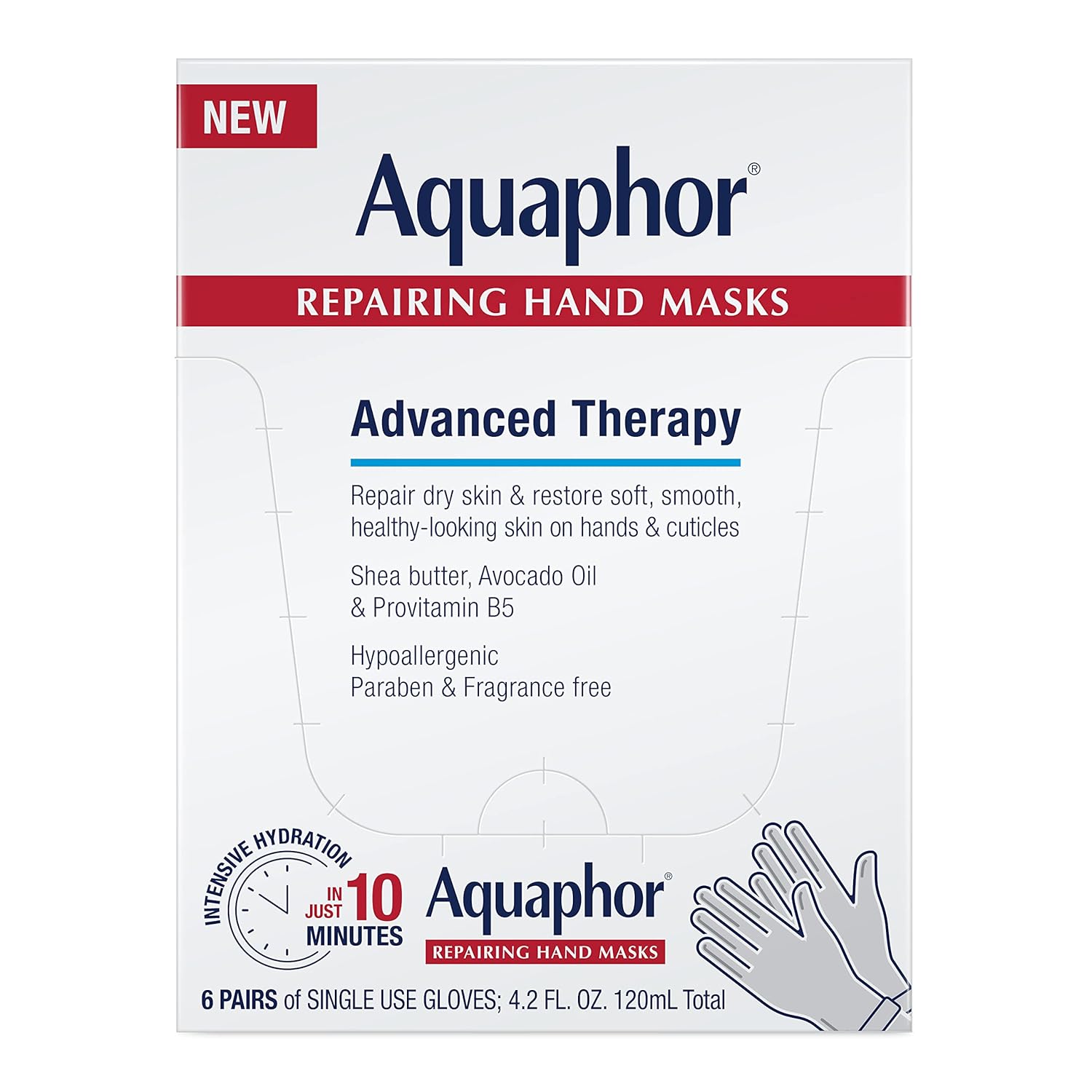 Aquaphor Repairing Hand Masks, Moisturizing Gloves For Dry Hands, Hand Moisturizer For Dry Skin With Avocado Oil And Shea Butter, Pack Of 6