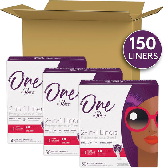 One By Poise Panty Liners (2-In-1 Period & Bladder Leakage Daily Liner), Long, Extra Coverage For Period Flow, Very Light Absorbency For Bladder Leaks, 150 Count (3 Pack Of 50)