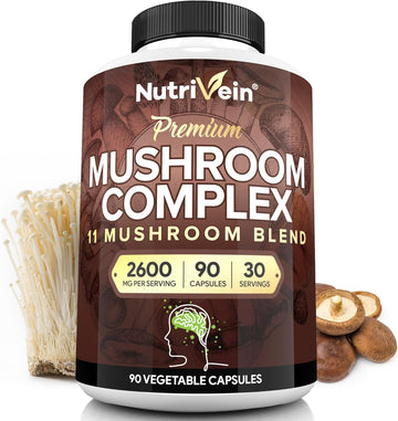 Nutrivein Mushroom Supplement - 2600Mg - 90 Capsules - 11 Organic Mushrooms - Lions Mane, Cordyceps, Chaga, Reishi, Turkey Tail, Maitake, Shiitake, Agaricus, White Button, Oyster - Nootropic Complex