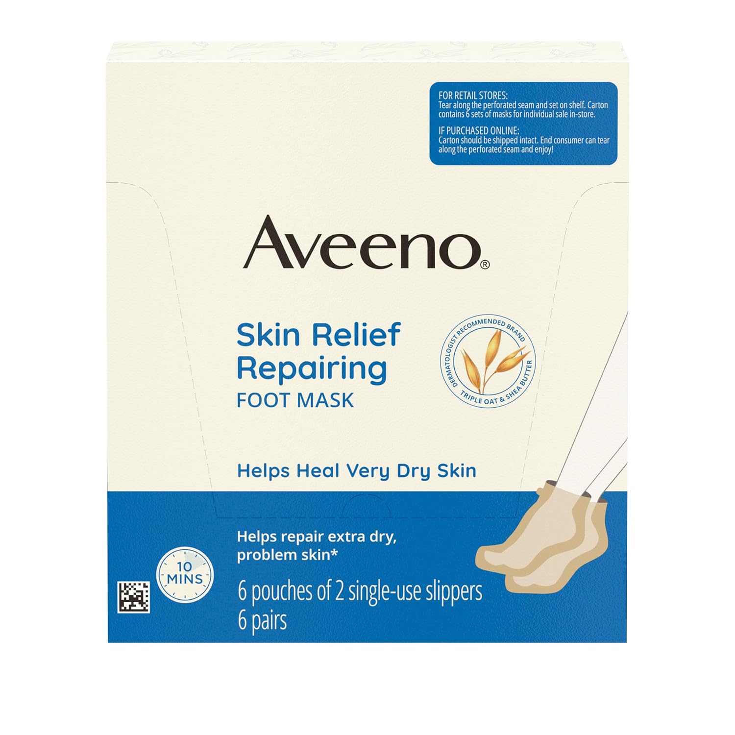 Aveeno Skin Relief Repairing Foot Mask, Moisturizing Socks With Prebiotic Oat & Shea Butter For Very Dry Skin, Foot Care For Sensitive Skin, Fragrance-Free, Value Pack, 6 Pairs Of Single-Use Slippers