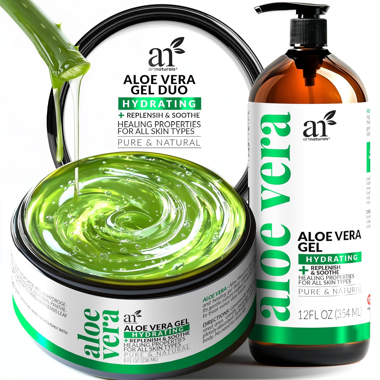 Artnaturals Aloe Vera Gel Set - Jumbo 20Oz (99% Pure Organic) - Sunburn Relief & Hydration For Face, Body, Scalp & Hair - Calming Moisturizer After Sun Exposure - Freshly Harvested Within 12 Hours