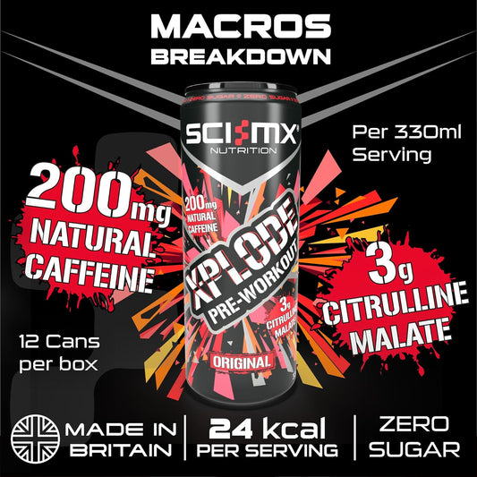 Sci-Mx - X-Plode Pre-Workout - 330Ml X 12 - Ginger + Mango Flavour - 200Mg Natural Caffeine, 3000Mg Citrulline Malate, 16Mg Vitamin B3, B6 + B12 - 24Kcal / Serving - Zero Sugar - Suitable For Vegans