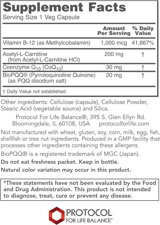 Protocol Pqq Complex - Coq10, Acetyl-L-Carnitine, Vitamin B12 - Energy - 30 Veg Caps