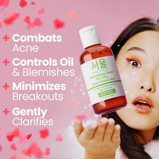 Seoulceuticals Korean Toner For Oily Acne Prone Skin – Korean Skin Care Tea Tree Toner For Face – Facial Toner Centella Asiatica, Salicylic Acid. 4 Fl Oz
