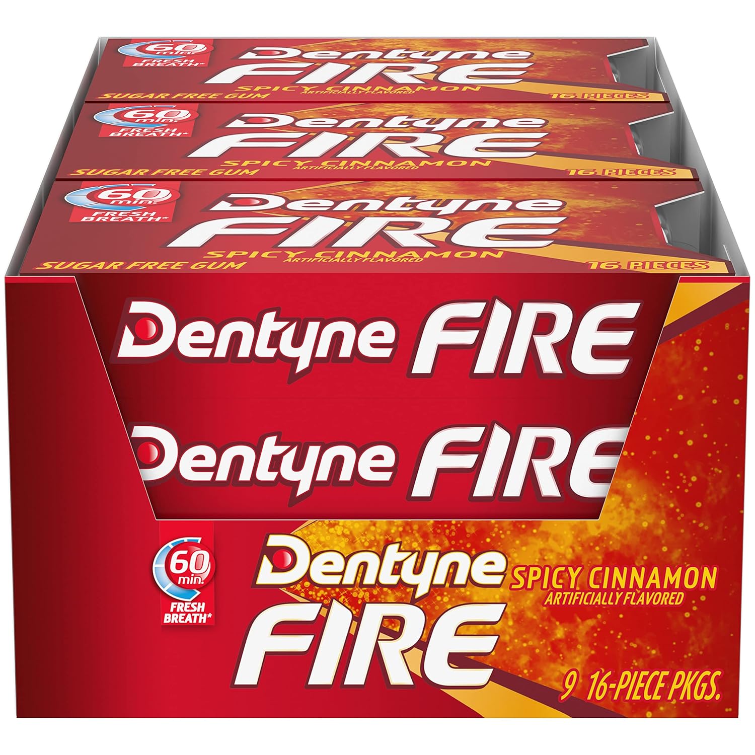 Dentyne Fire Spicy Cinnamon Sugar Free Gum, Pack Of 9 (144 Total Pieces)