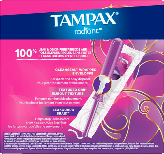 Tampax Radiant Tampons, Super Absorbency, With Leakguard Braid, Unscented, 28 Count