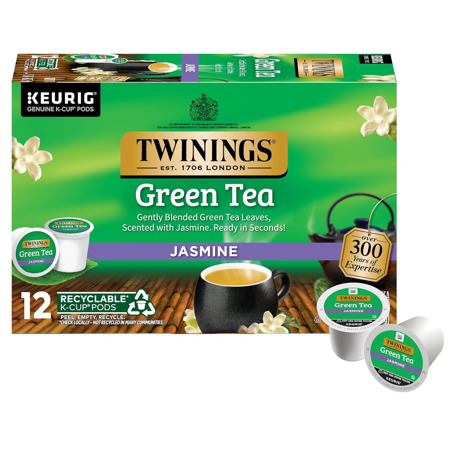 Twinings Green Tea With Jasmine K-Cup Pods For Keurig, 12 Count (Pack Of 6), Infused With Fragrant Jasmine, Naturally Caffeine-Free, Enjoy Hot Or Iced