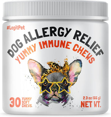 Allergy Relief Chews for Dogs & Immune & Digestive Supplement with Wild Salmon Oil Kelp Colostrum Turmeric Probiotics & Bee Pollen for Seasonal Allergies Anti Itch, Skin Hot Spots Soft Treats