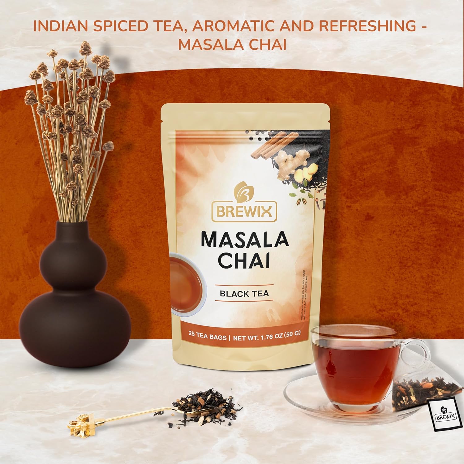 Brewix, Masala Chai Tea Bags (25 Pyramid Tea Bags) Strong, Robust & Spicy - Pure Ingredients | Black Tea, Cinnamon, Ginger, Black Pepper, Cardamom & Cloves, Packed In Resealable Ziplock Pouch