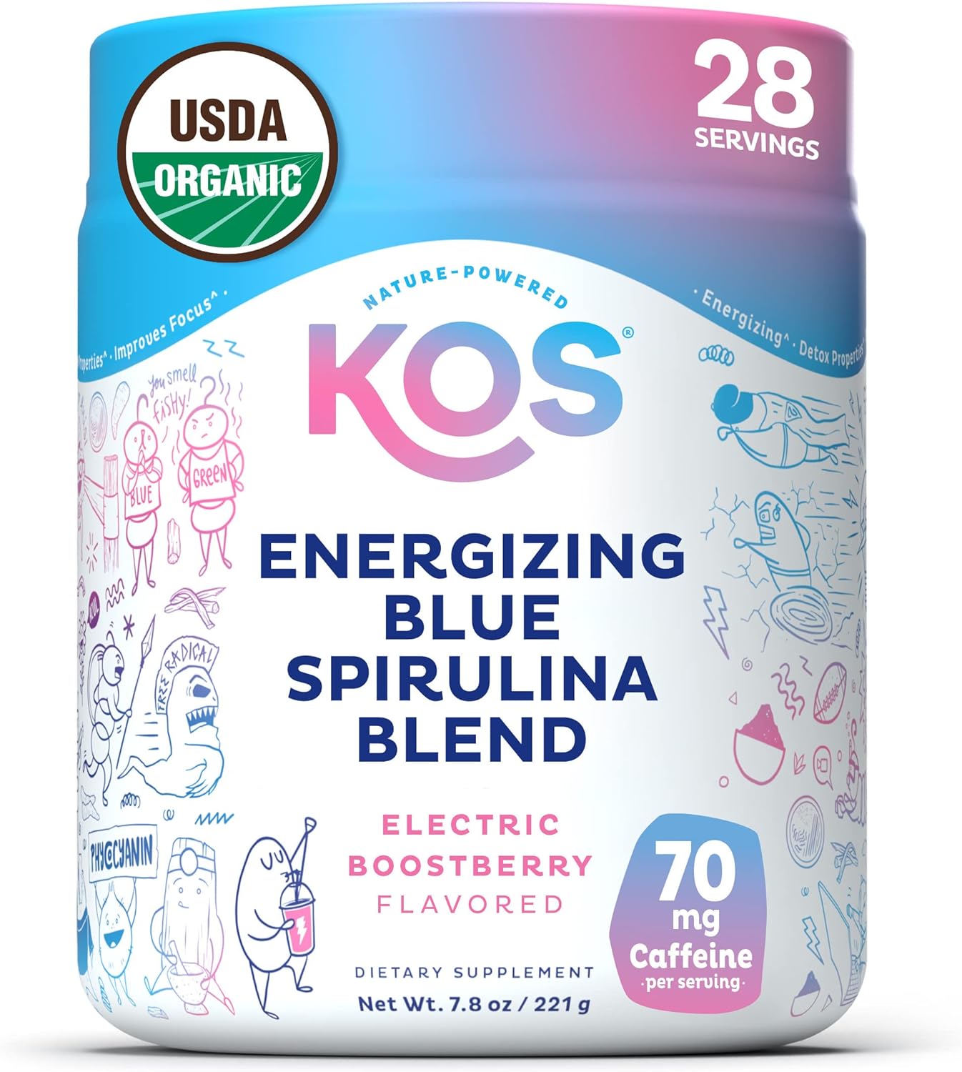 KOS USDA Organic Energizing Blue Spirulina Blend - 70 mg Organic Caffeine, B-Complex, Ashwagandha Root, Ginseng, Mushroom - Plant Based, Vegan Pre Workout Powder - Blue Raspberry Flavored, 28 Servings