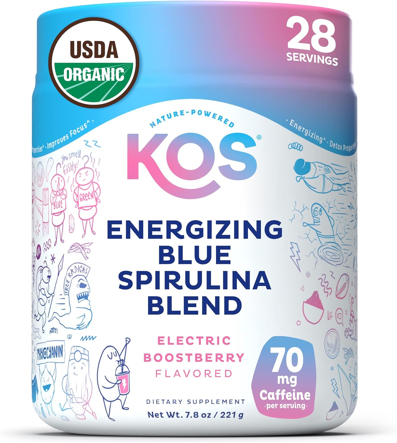 Kos Energizing Blue Spirulina Blend - Usda Certified Organic - B Vitamins, Ashwagandha, Ginseng, Adaptogens, Biotin - Vegan Pre Workout Powder - Caffeinated, Berry Flavored, 28 Servings
