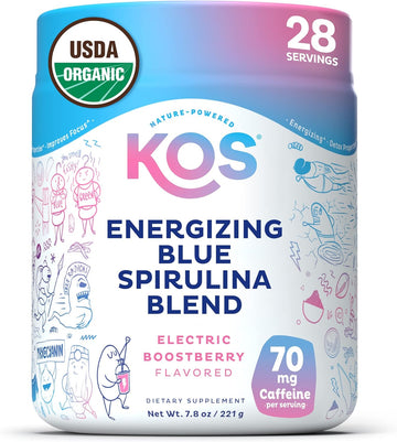 Kos Energizing Blue Spirulina Blend - Usda Certified Organic - B Vitamins, Ashwagandha, Ginseng, Adaptogens, Biotin - Vegan Pre Workout Powder - Caffeinated, Berry Flavored, 28 Servings