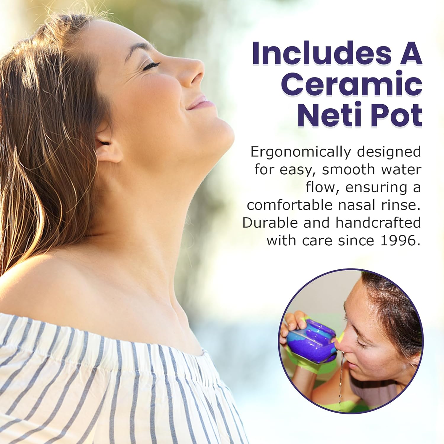 Baraka Sinus Ayurvedic Care Kit - Ceramic Neti Pot, Perfect For Sinus Relief. (1 Oz) Premium Quality Essential Oils And Mineral Salt Rinse (2 Oz)(Purple) : Health & Household