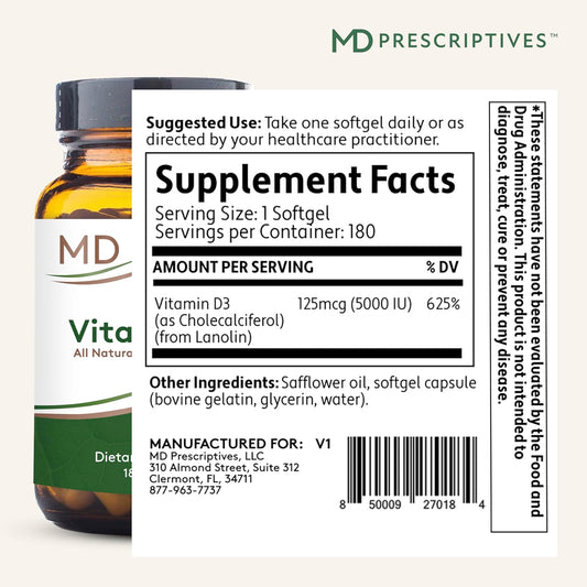 Vitamin D3 180 Gelcaps - Maximum Absorption For Strong Bones, Muscle & Immune Support, Non Gmo Vegetarian Softgels, 125 Mcg (5,000 Iu)