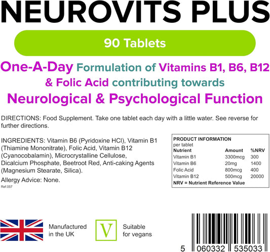 Lindens - Neurovits Plus Tablets - 360 Pack (90 Pack X 4) - Uk Made - Contains Vitamin B1, B6, B12 & Folic Acid Contributes Towards Normal Psychological Function, Healthy Heart & Nervous System