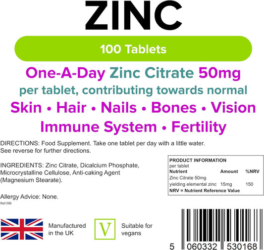 Lindens Zinc Citrate 50mg - 100 Vegan Tablets - Immune Function, Fertility, Healthy Bones, Vision, Hair, Nails and Skin - Made in The UK | (3+ Months Supply) | Letterbox Friendly