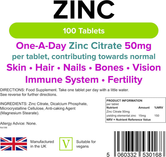 Lindens Zinc Citrate 50mg - 100 Vegan Tablets - Immune Function, Fertility, Healthy Bones, Vision, Hair, Nails and Skin - Made in The UK | (3+ Months Supply) | Letterbox Friendly