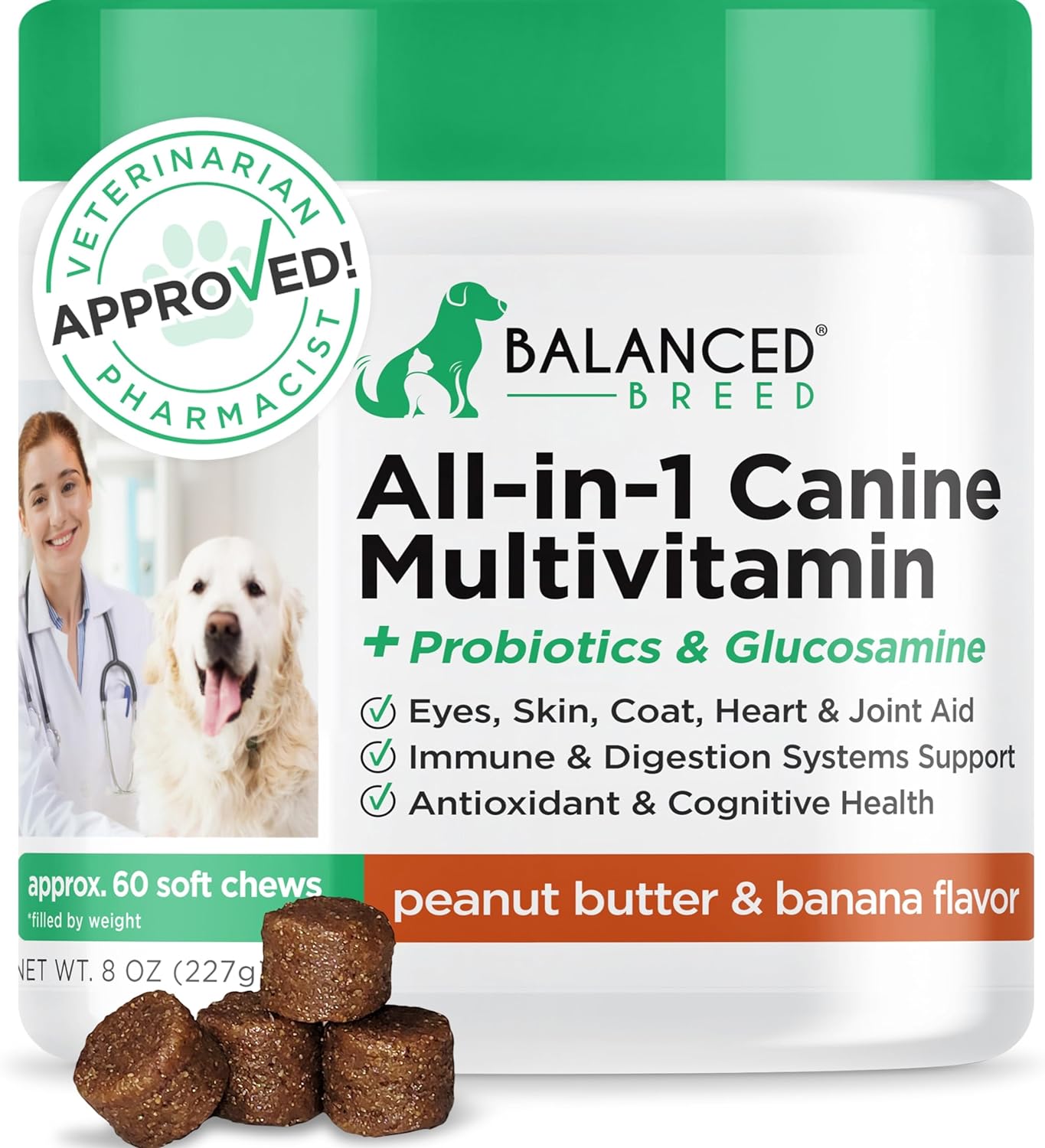 Balanced Breed All-in-1 Dog Multivitamins Chewable Made In USA Non-GMO Vet-Pharmacist Approved Glucosamine Dogs Multi Vitamins Omegas Supplement Dog Probiotic Dogs Digestive Health Senior Dog Vitamins