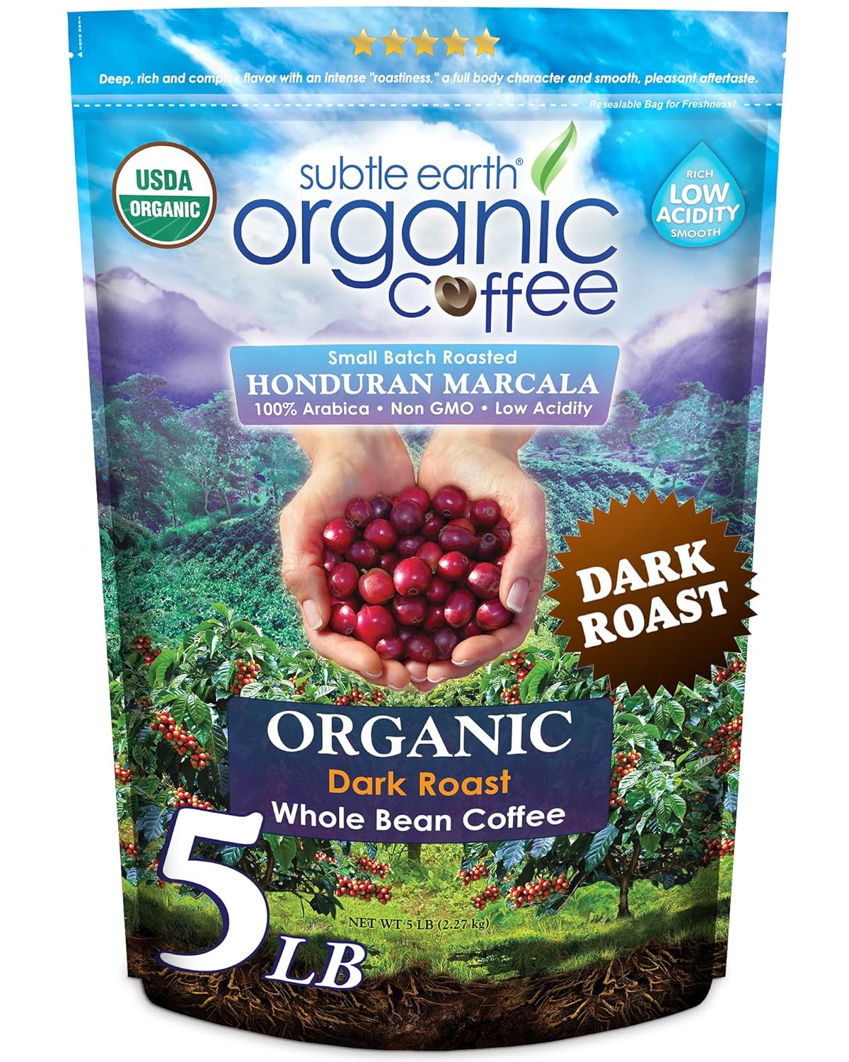 Subtle Earth Organic Coffee - Dark Roast - Whole Bean Coffee - 100% Arabica Beans - Low Acidity And Non-Gmo - 5Lb Bag